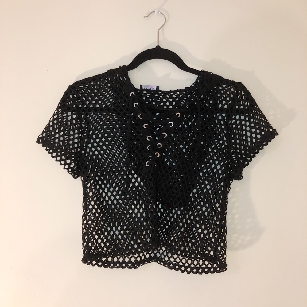 Fashion Nova Black Mesh Lace Up Crop Top.